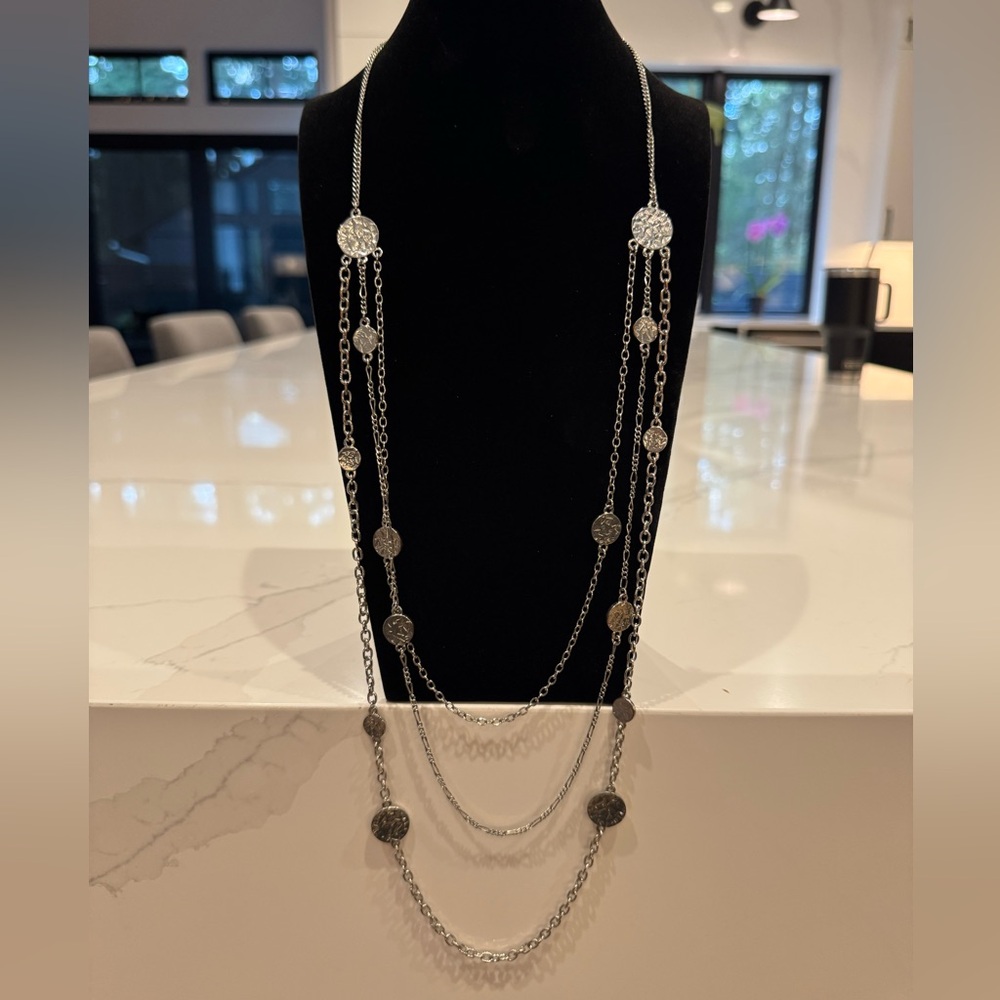 Layered Silver Disc Long Necklace - Women Jewelry